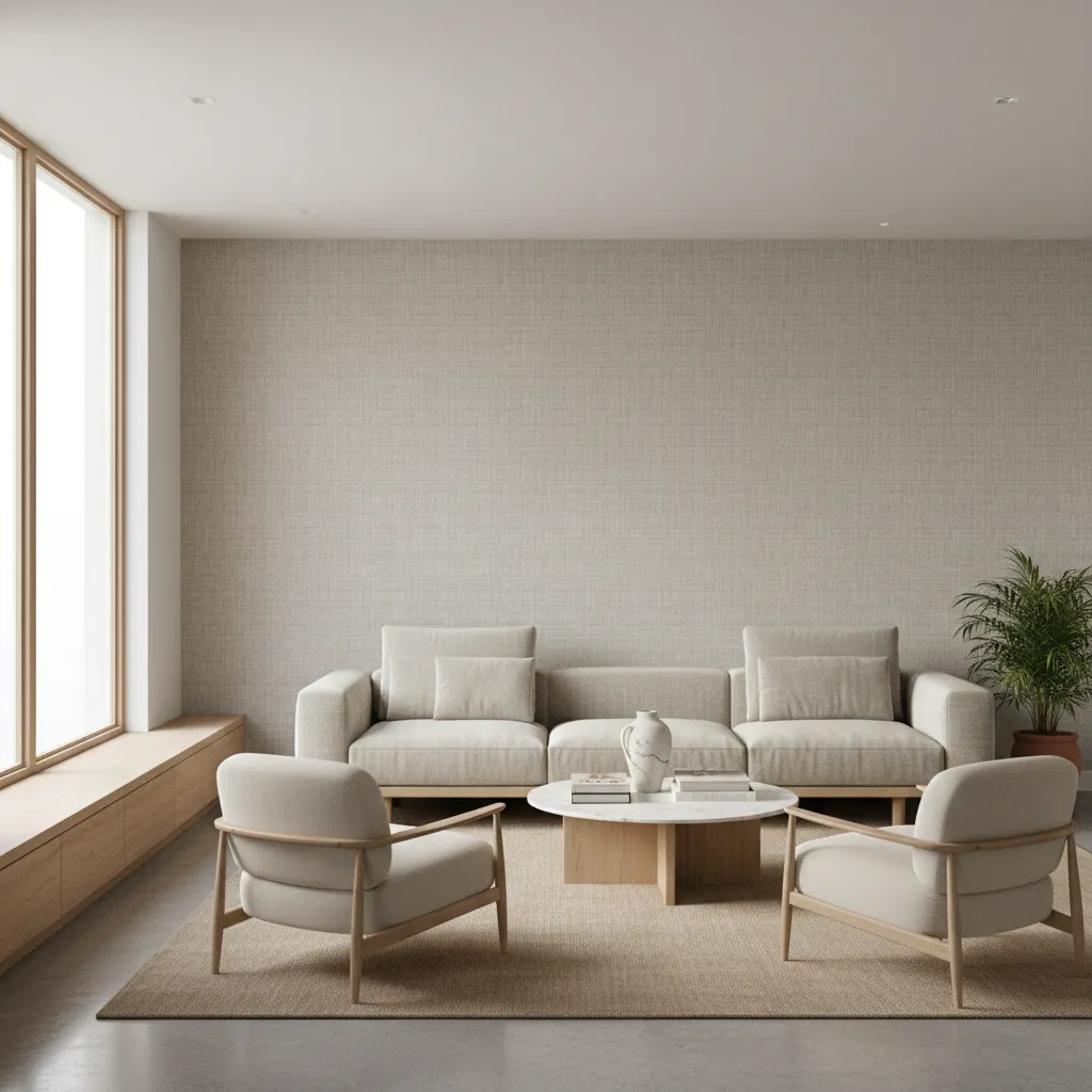 Living room with neutral textured wallpaper behind sofa