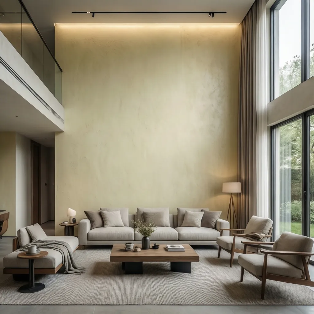 Textured paint finish on a tall modern living room wall