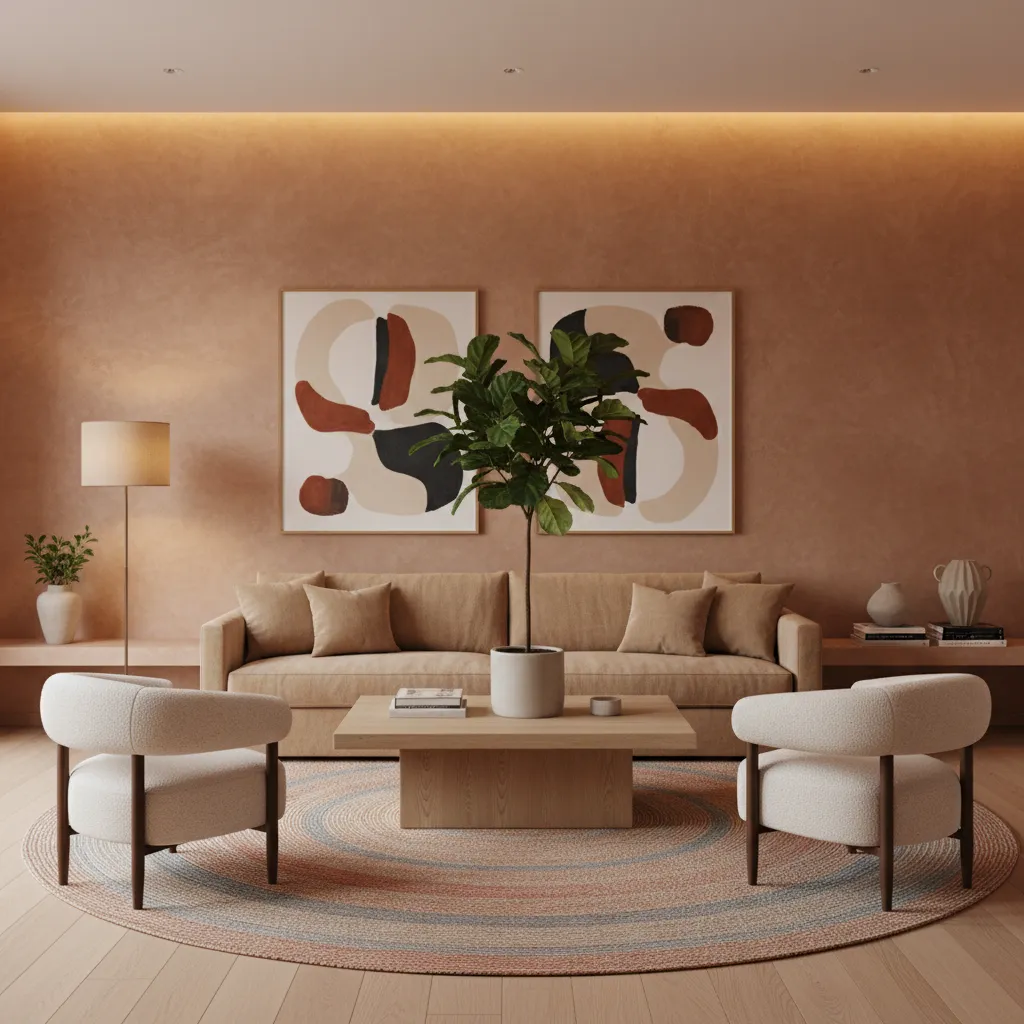 Living room wall with limewash textured paint finish behind sofa