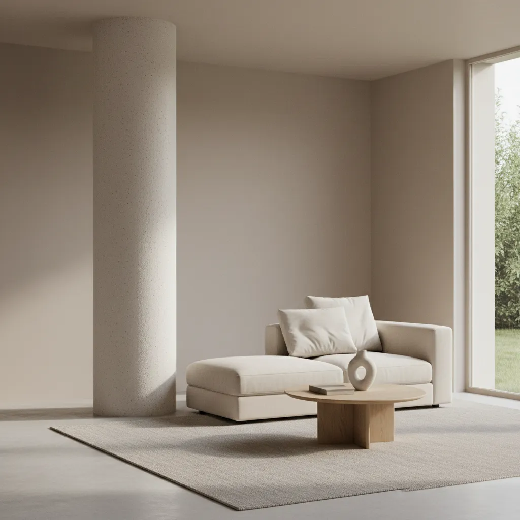 Modern living room column with textured plaster finish