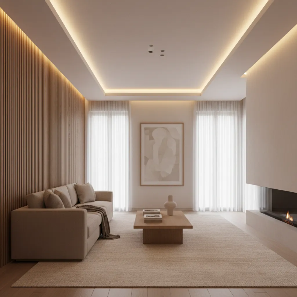 Modern living room side wall with vertical wood slat textured panel design