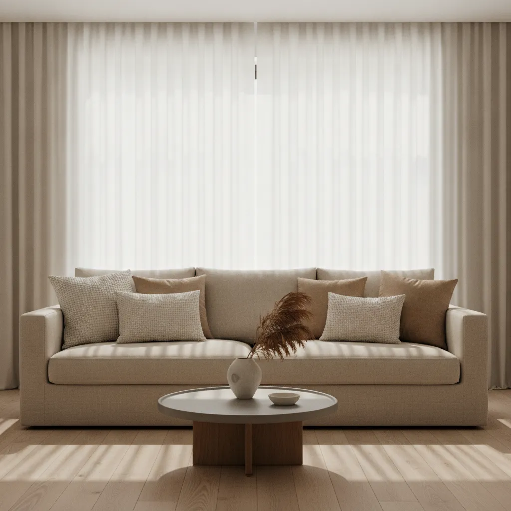 Living room sofa styled with textured pillows and floor length curtains