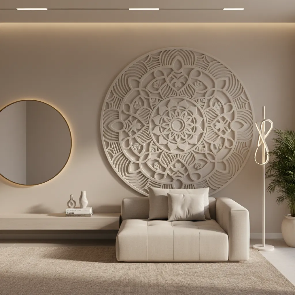 textured plaster wall rangoli design with soft lighting in modern interior