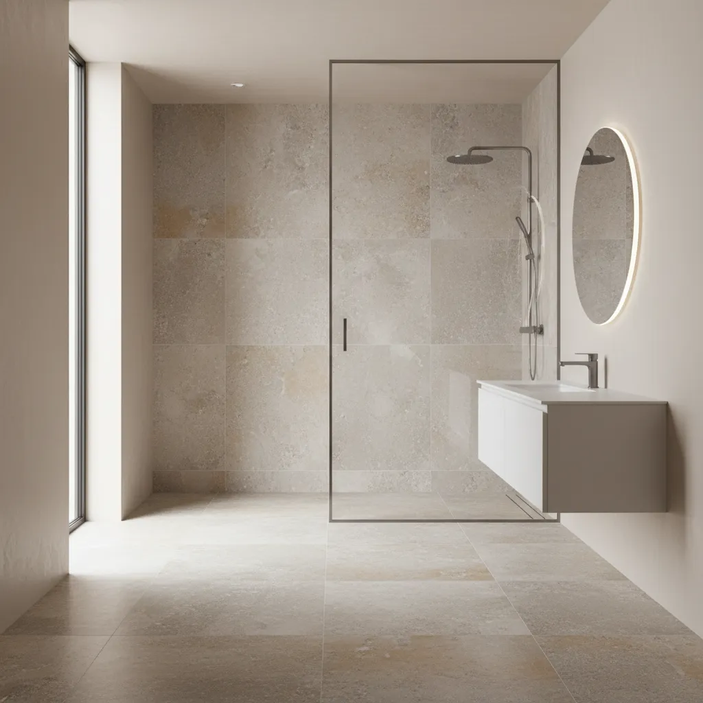Bathroom interior with textured porcelain tiles designed for non slip flooring