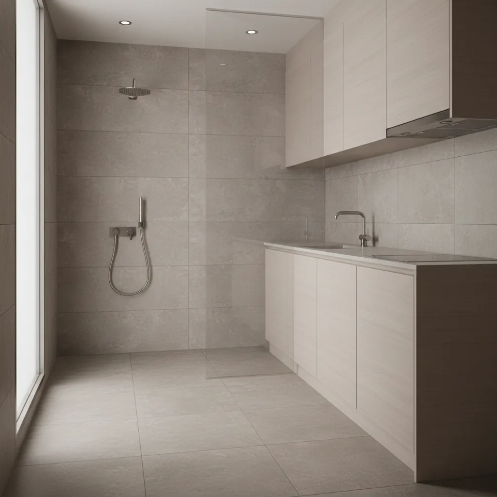 Textured porcelain tile flooring designed for wet kitchen shower environments