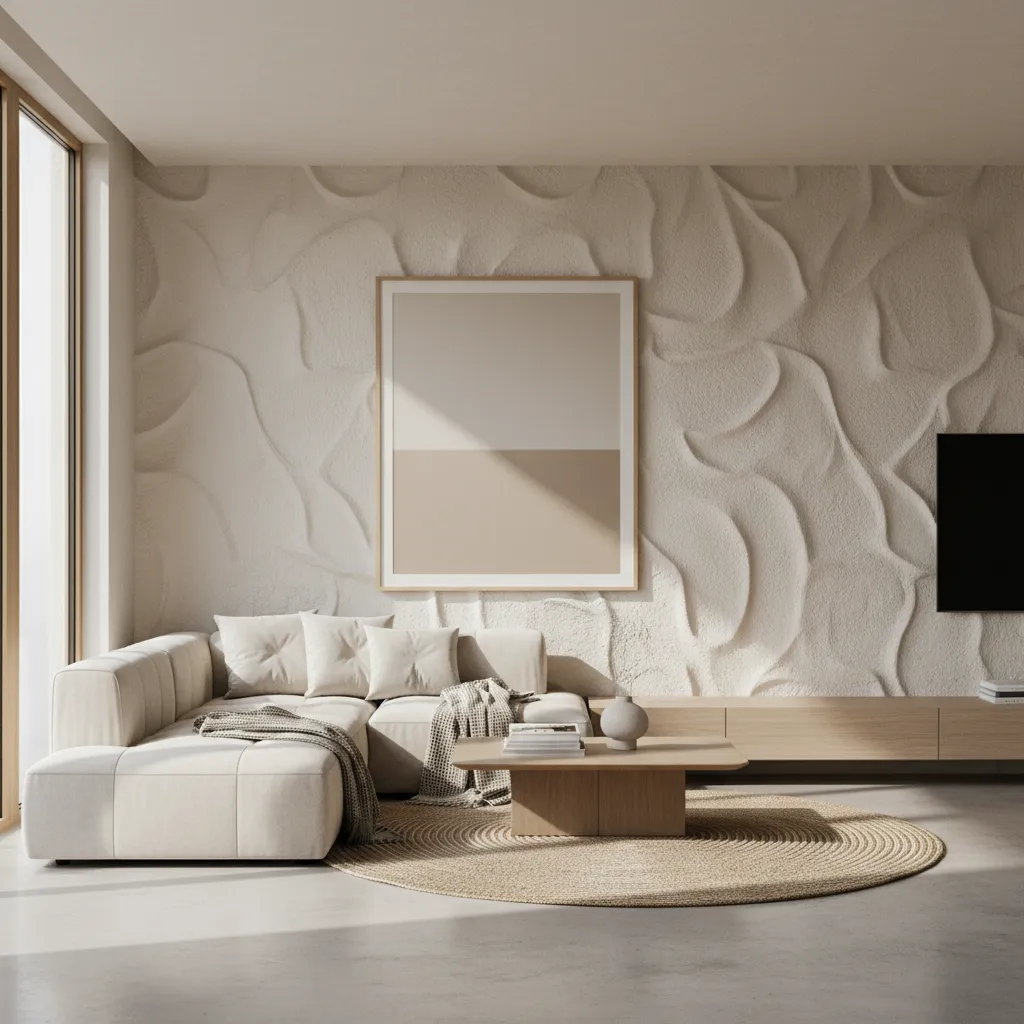 living room with subtle textured wall putty finish and neutral decor