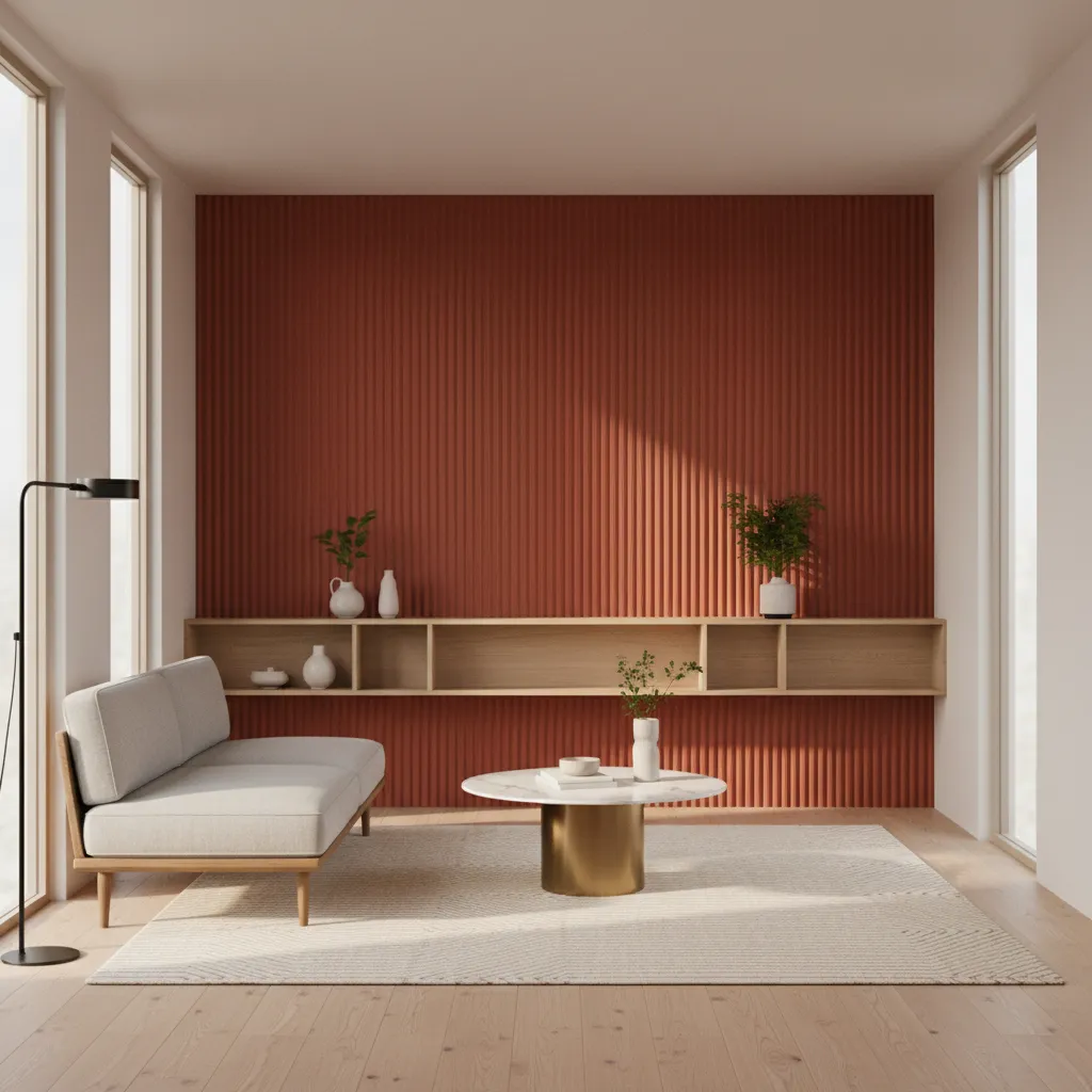 Textured vertical panel red wall design in a small modern room