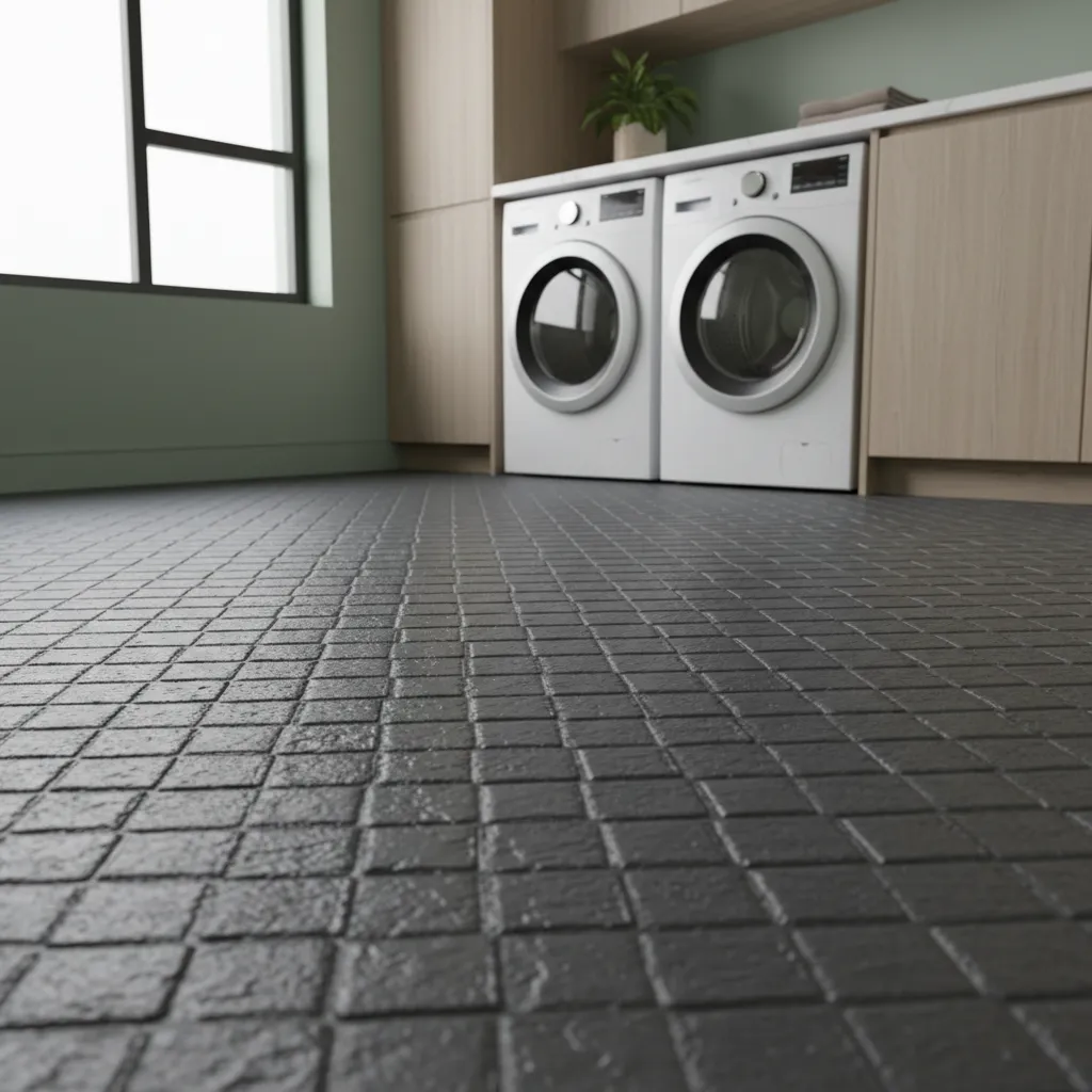 Close view of textured rubber flooring installed in a laundry room for slip resistance