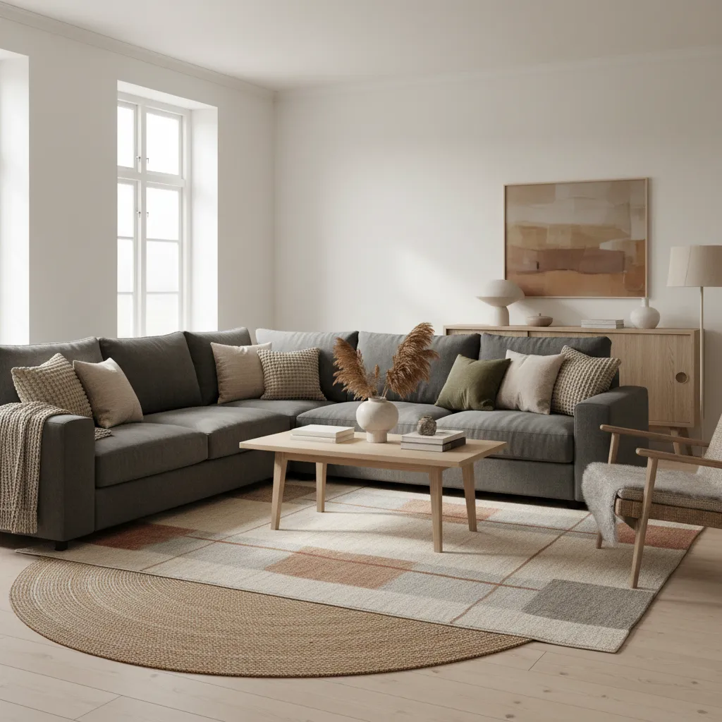 Cozy living room with grey sofa, wooden coffee table, layered rugs, and light from window