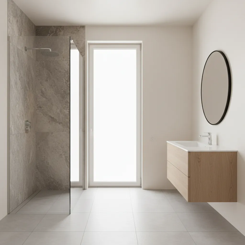 textured rough tiles used as shower accent wall