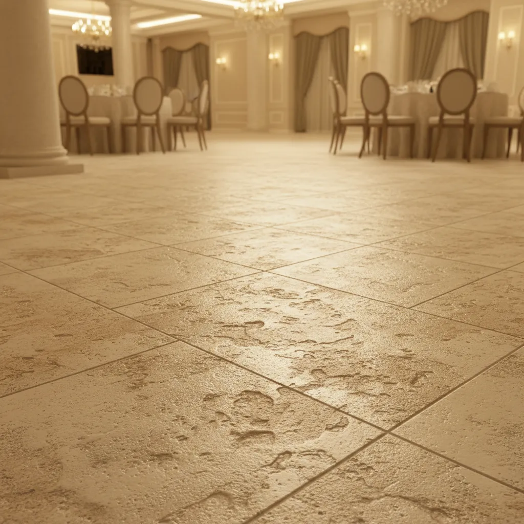 Close view of textured porcelain flooring used for slip resistance in event venues