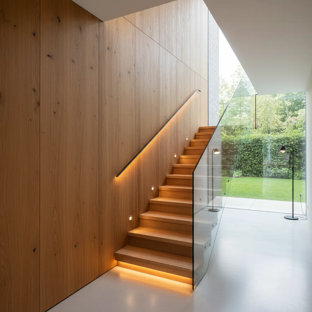 Pared de escalera con paneles de madera verticales
