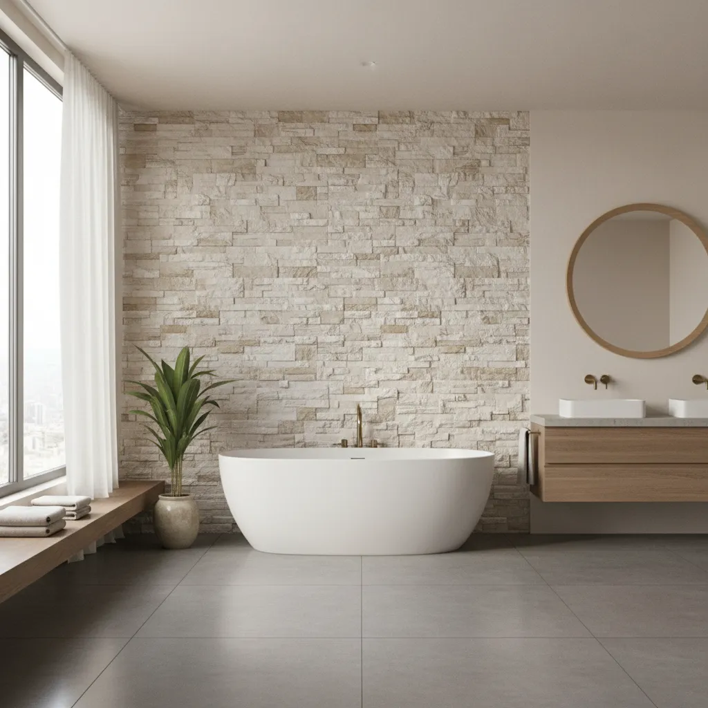 Luxury bathroom with textured stone highlighter tile feature wall