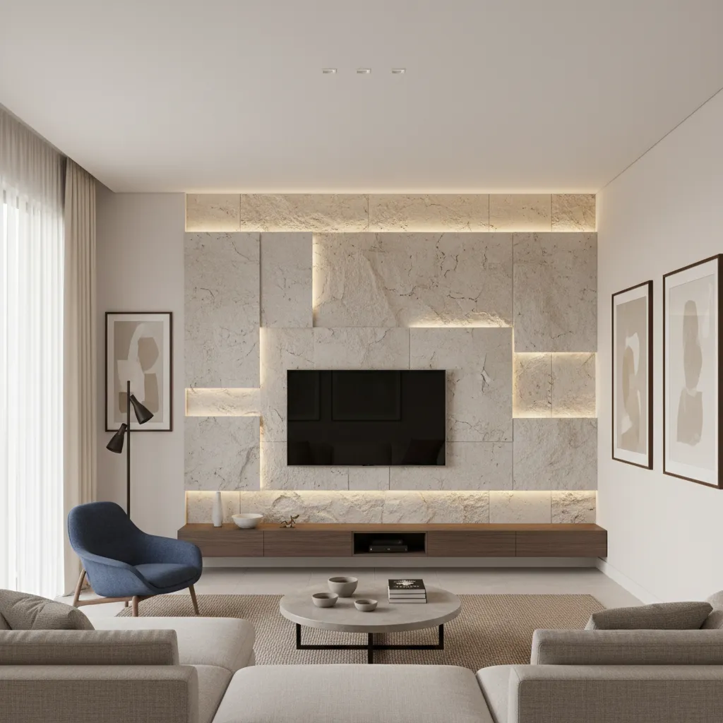 Textured stone wall tiles used as living room TV feature wall