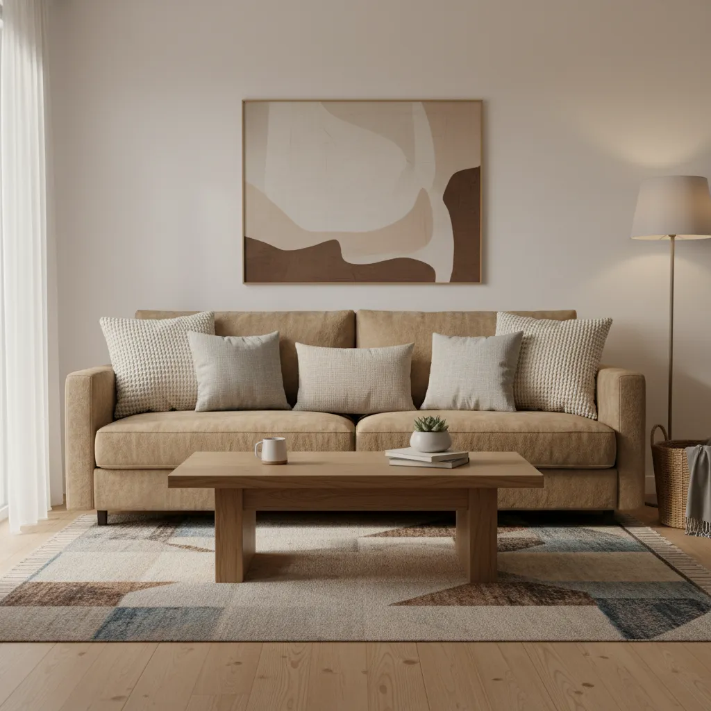 tan couch styled with textured pillows and patterned rug