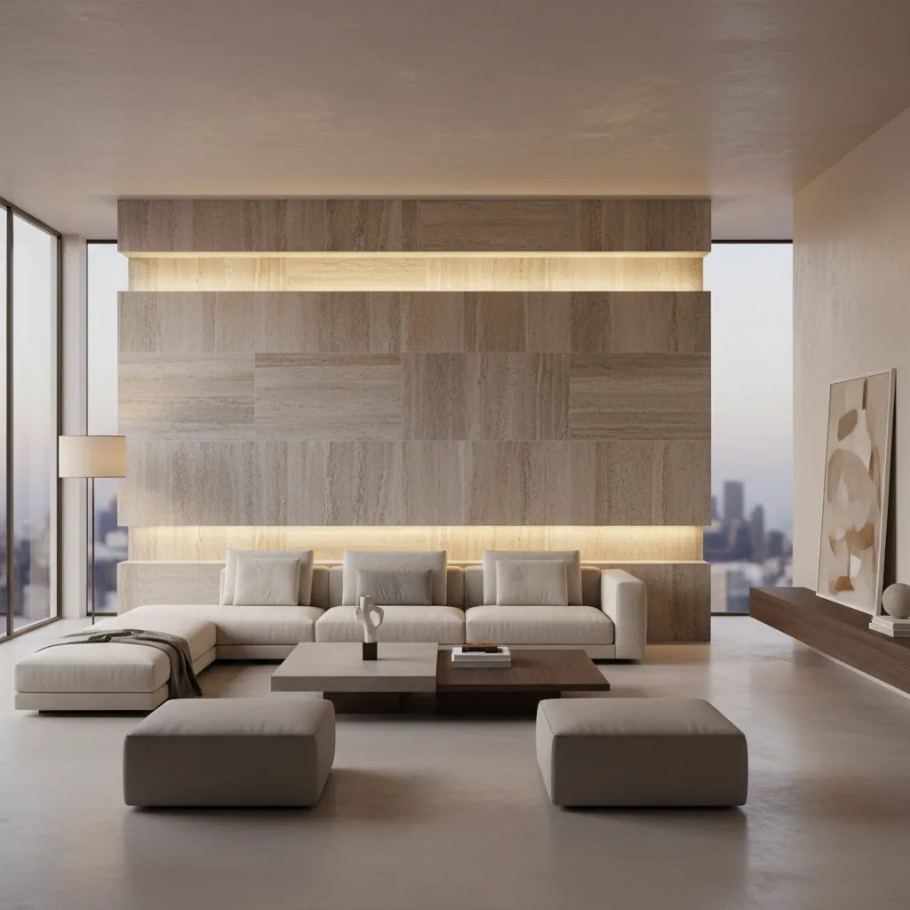 Living room with textured porcelain tile feature wall behind a sofa