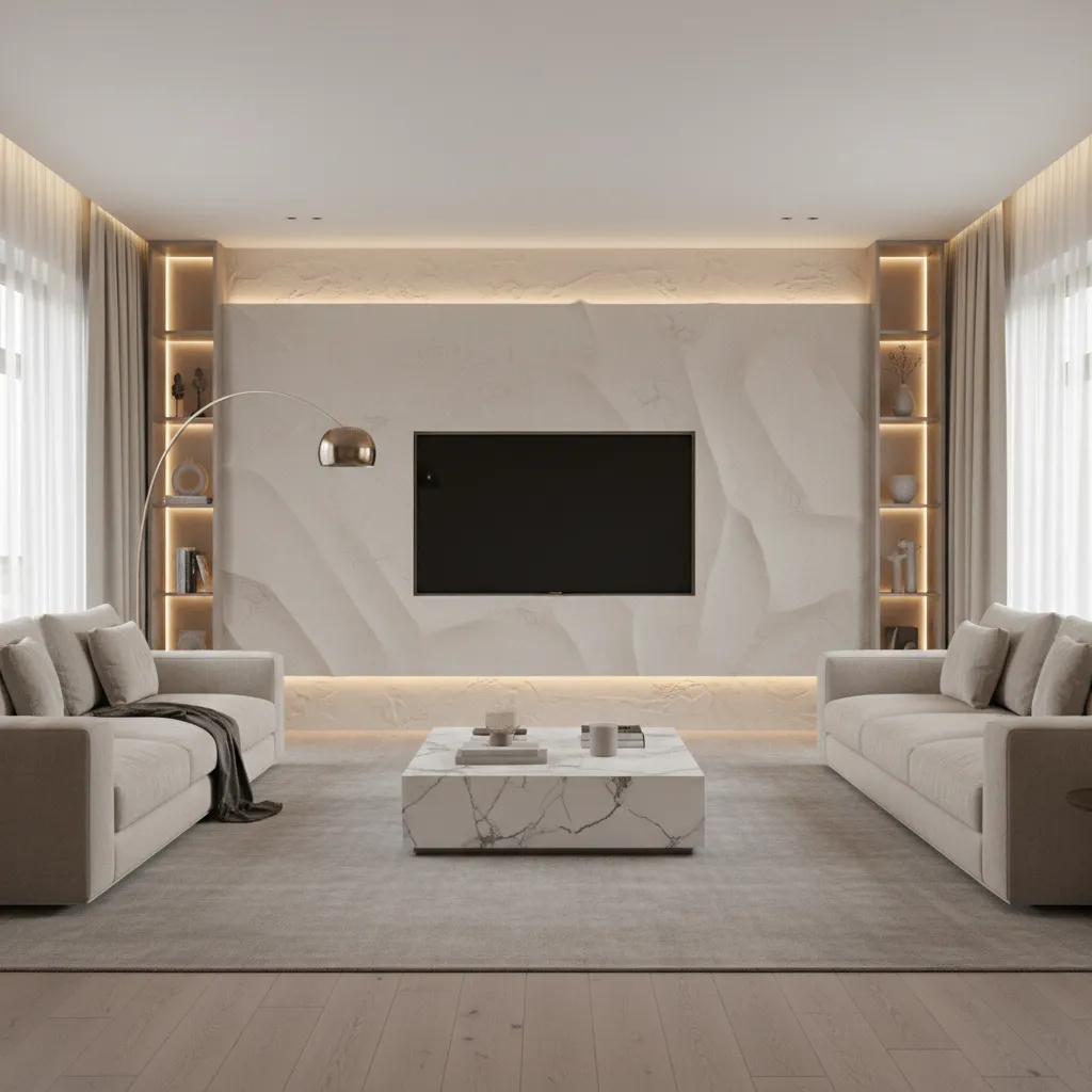 Luxury living room TV wall with elegant plaster texture finish