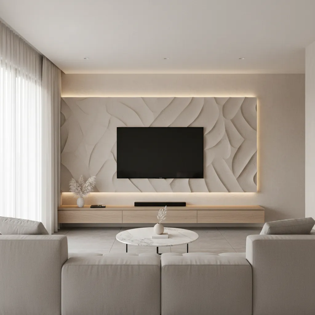 modern living room tv wall with decorative textured wall putty design