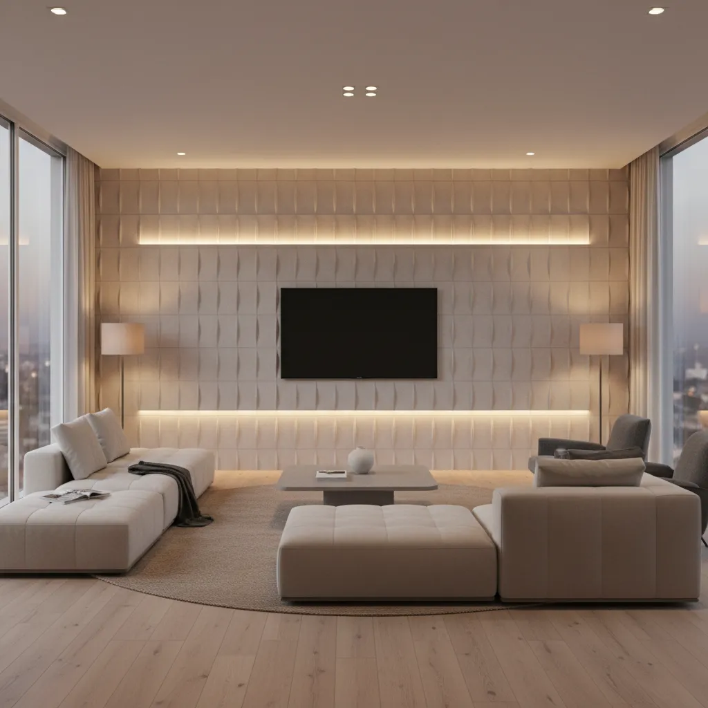3D textured tile TV wall with modern living room lighting
