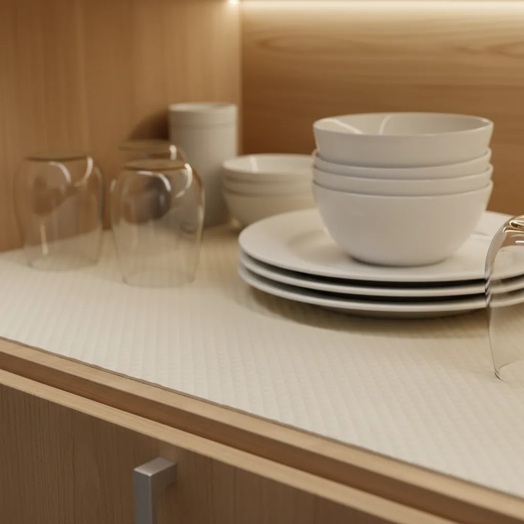 close view of textured vinyl cabinet liner under dishes
