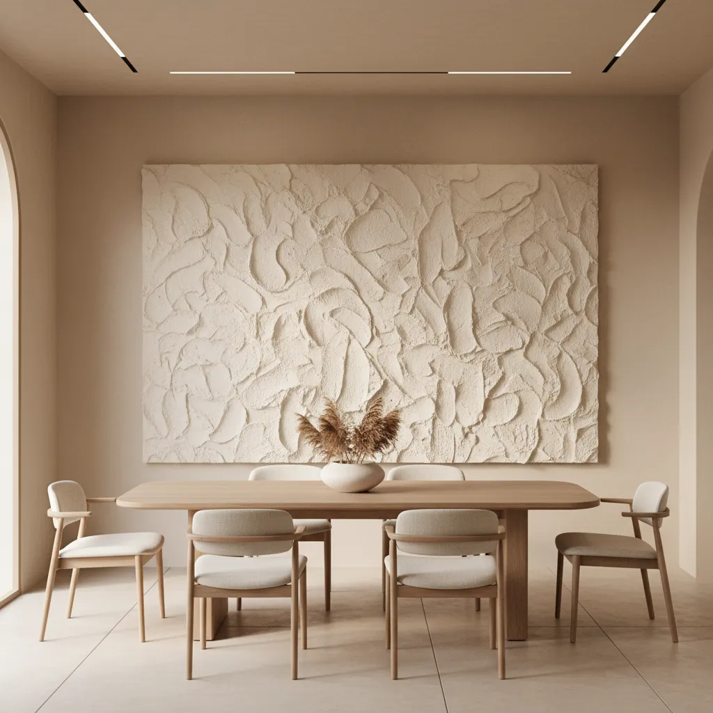 minimal dining room with textured wall art panel