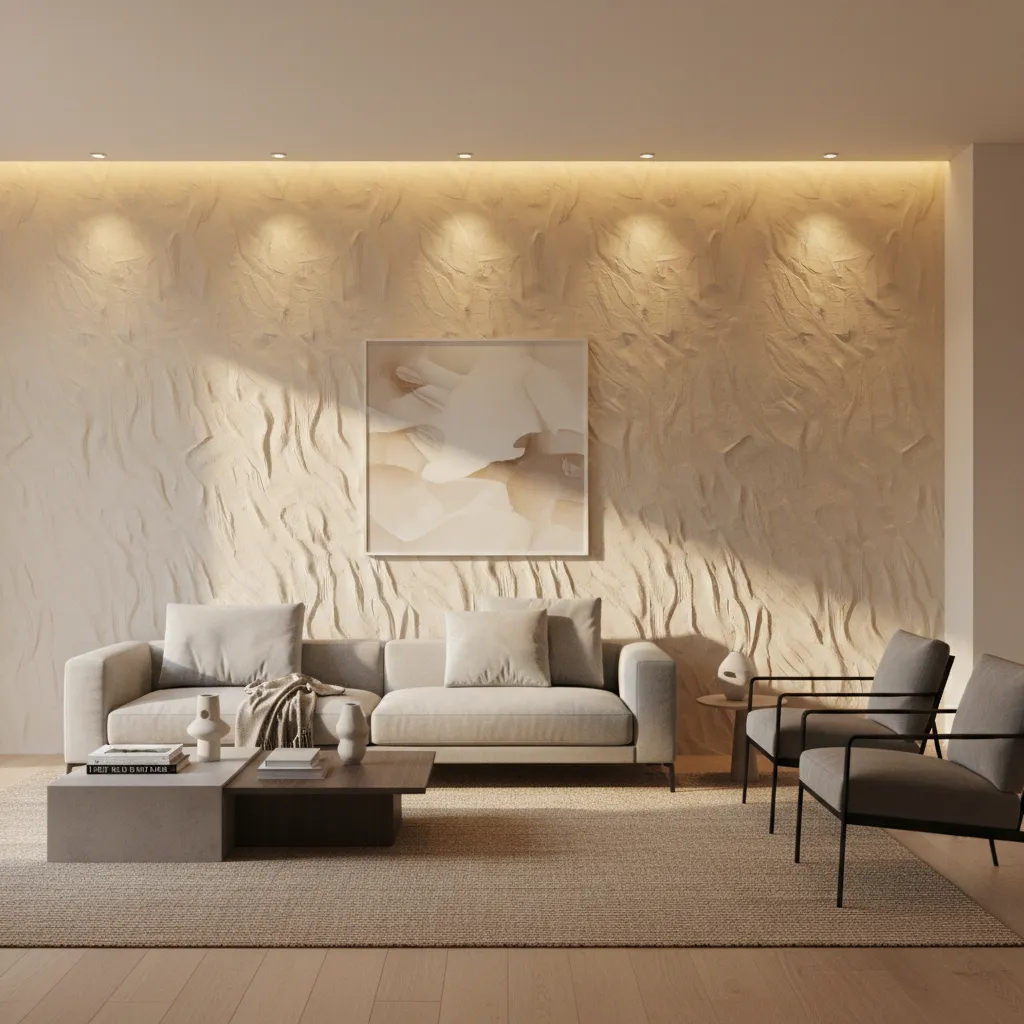 Lighting highlighting textured paint wall in a modern living room
