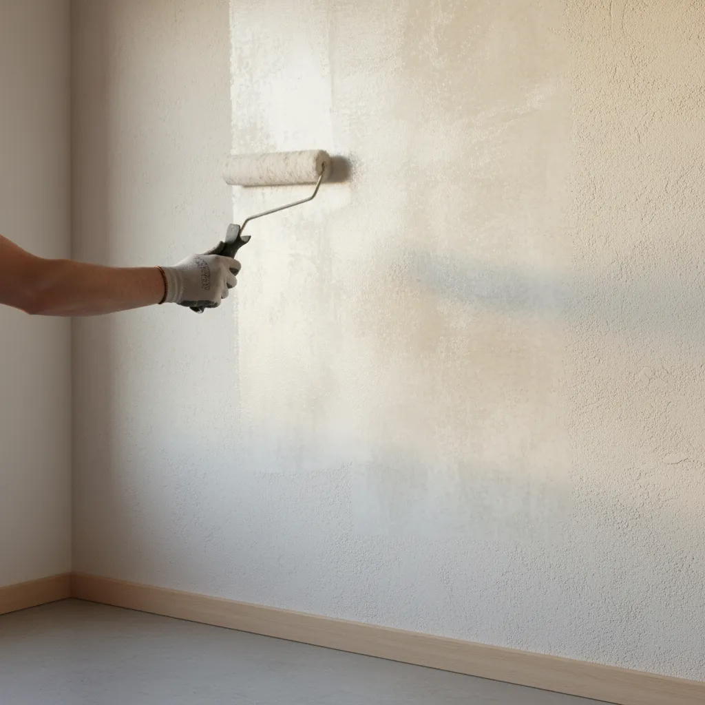 Applying limewash to a textured plaster wall with thick nap roller