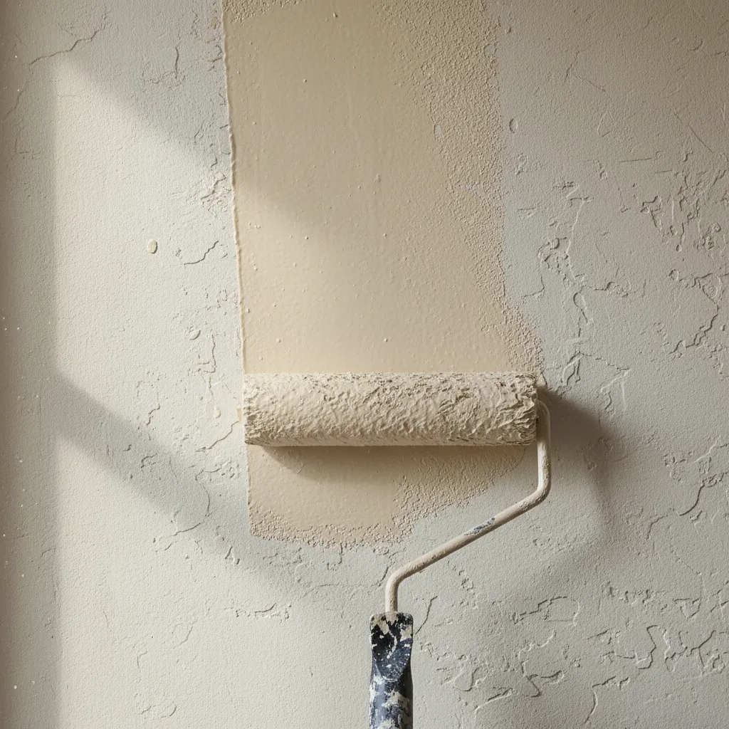 close view of textured drywall surface being painted with roller
