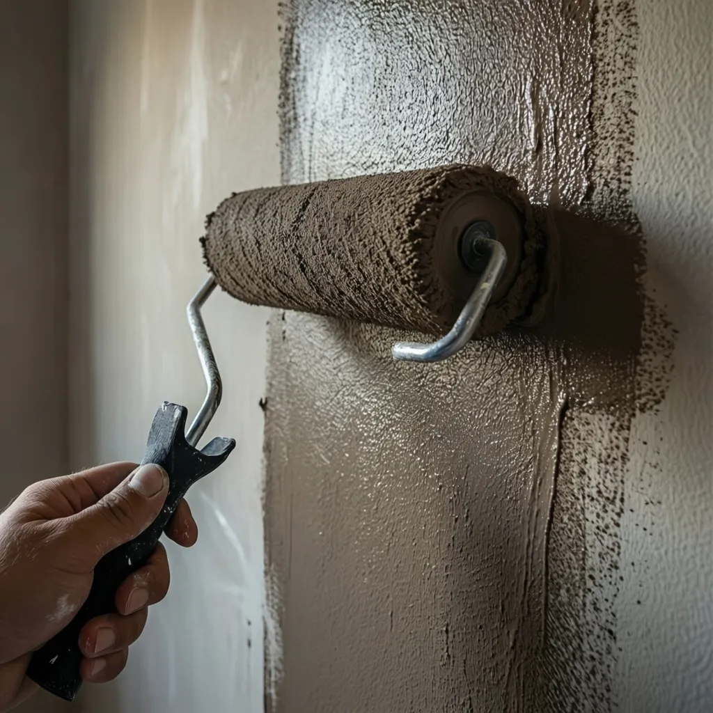 close view of textured drywall being painted with roller showing uneven paint absorption