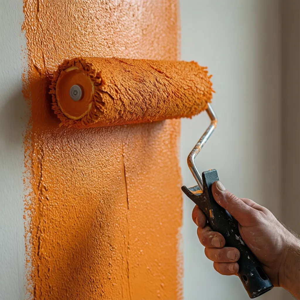 Close view of textured interior wall being painted demonstrating higher paint absorption