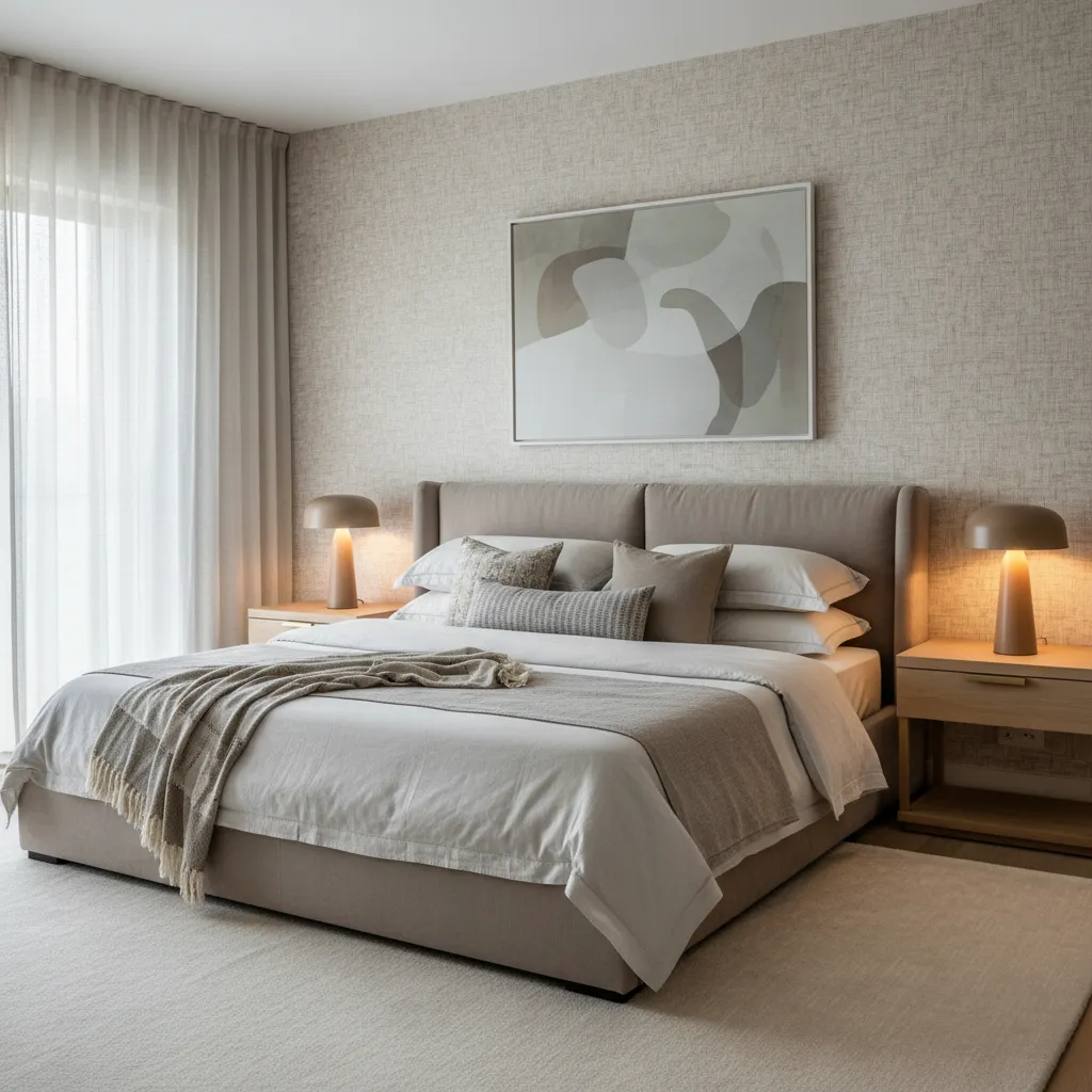 Cozy master bedroom with textured beige wallpaper upholstered bed two bedside tables and soft lighting
