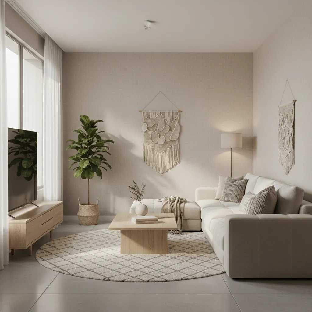 Living room featuring subtle textured wallpaper with neutral furniture
