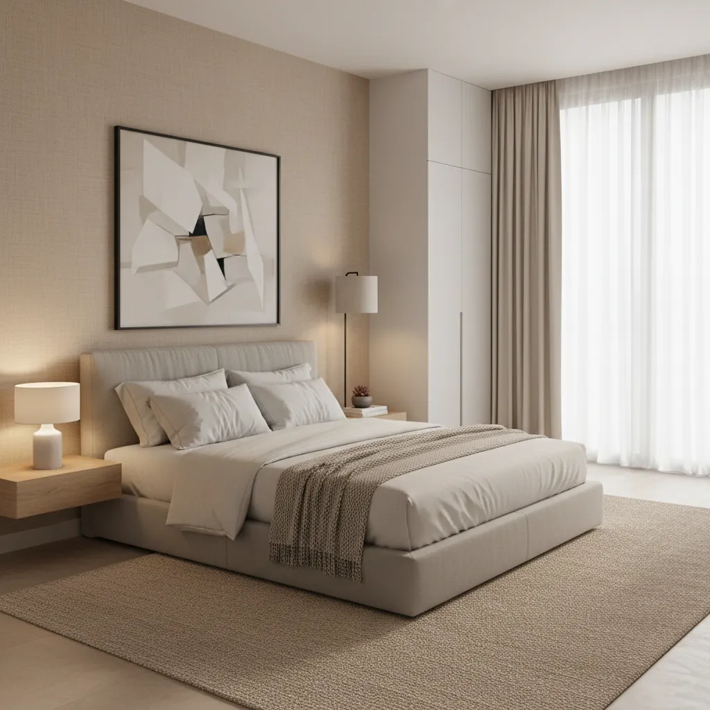 Modern bedroom wall with neutral textured wallpaper