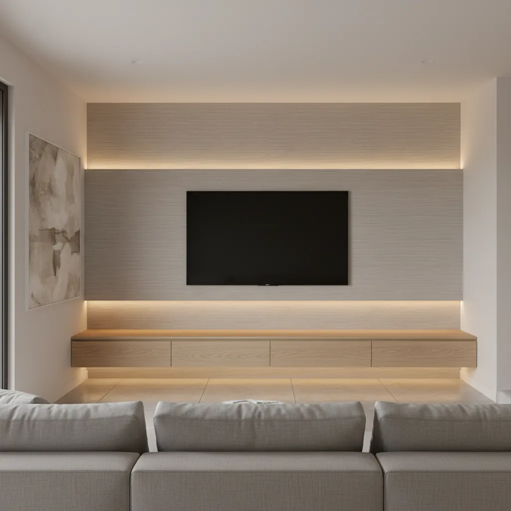 Living room TV wall with neutral textured wallpaper and floating media console