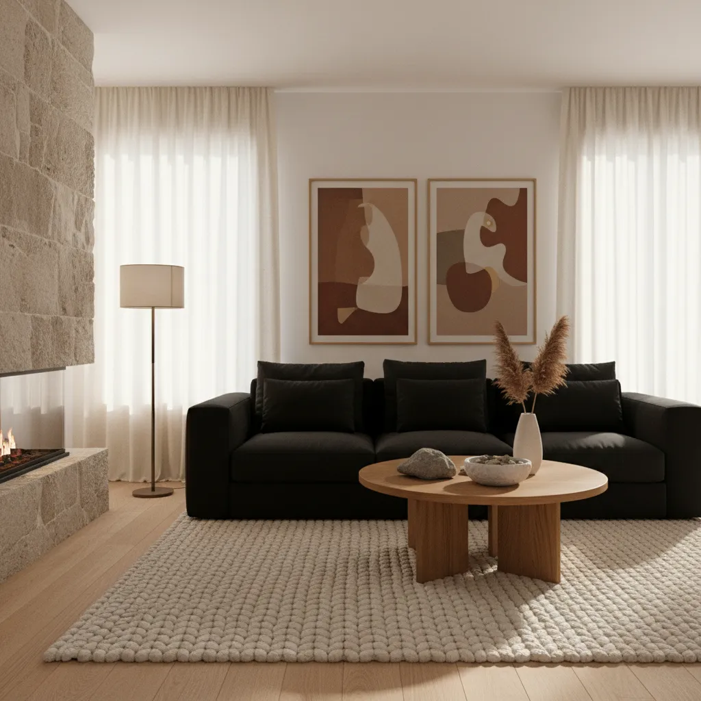 living room with black sofa styled with wood linen and textured rug