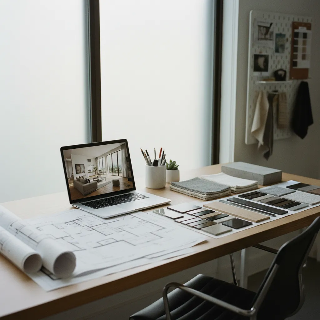 Interior design workspace with laptop showing room render paper floor plans and various material samples