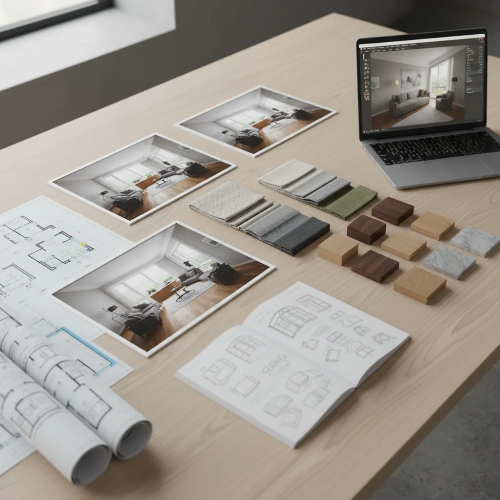 Interior design workspace with laptop floor plans fabric samples wood blocks and living room photos