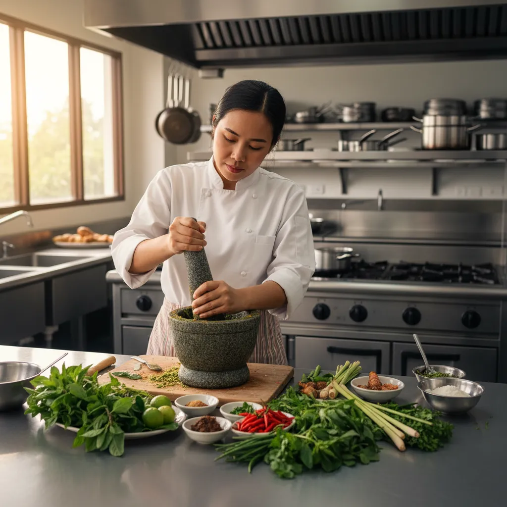 Thai chef preparing curry paste with mortar and pestle in restaurant kitchen