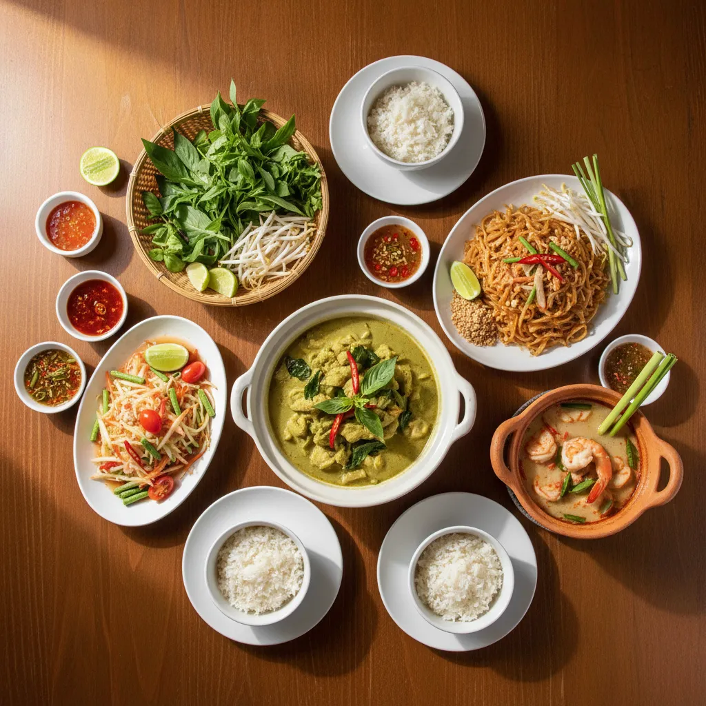 Thai meal with curry noodles soup and salad served family style on table