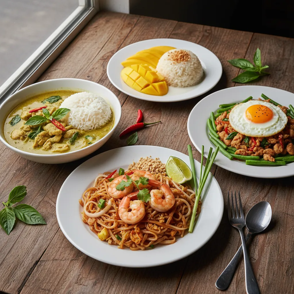 Popular Thai dishes including pad thai green curry and mango sticky rice