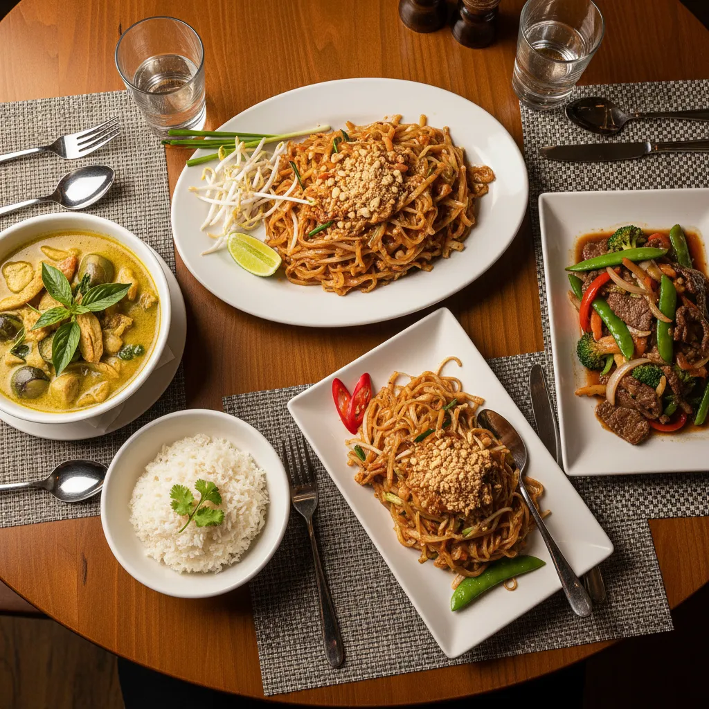 Thai dishes including pad thai and curry served in restaurant setting showing portion size