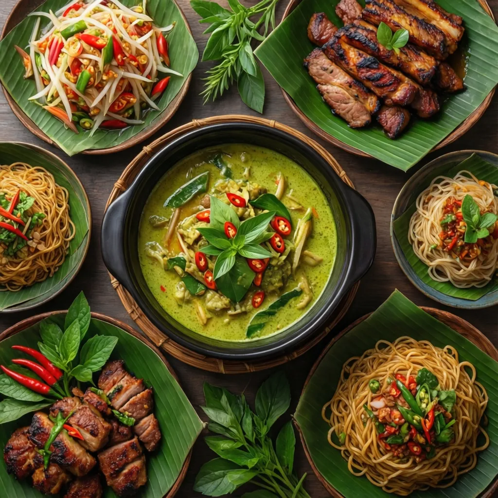Variety of Thai regional dishes including curry, papaya salad and noodle dishes