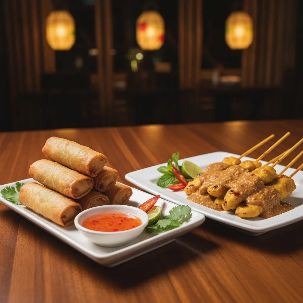 Thai appetizers including spring rolls and chicken satay with dipping sauces