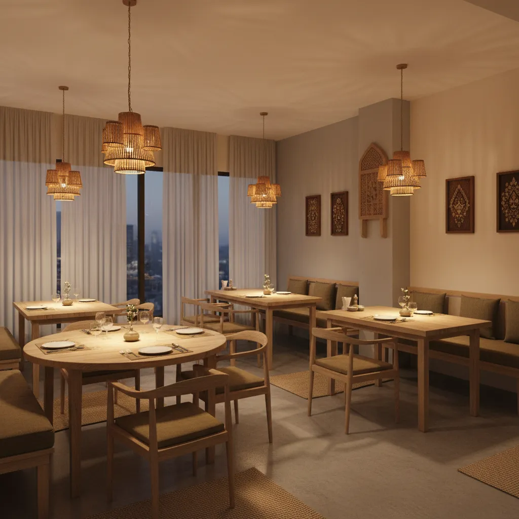 Casual Thai restaurant dining area with warm pendant lights and wooden tables