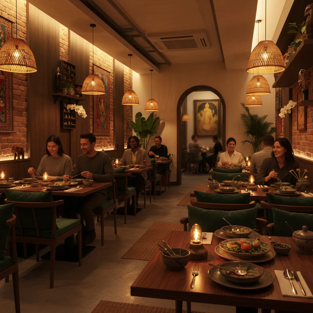 Interior atmosphere of a cozy Thai restaurant with diners enjoying dinner