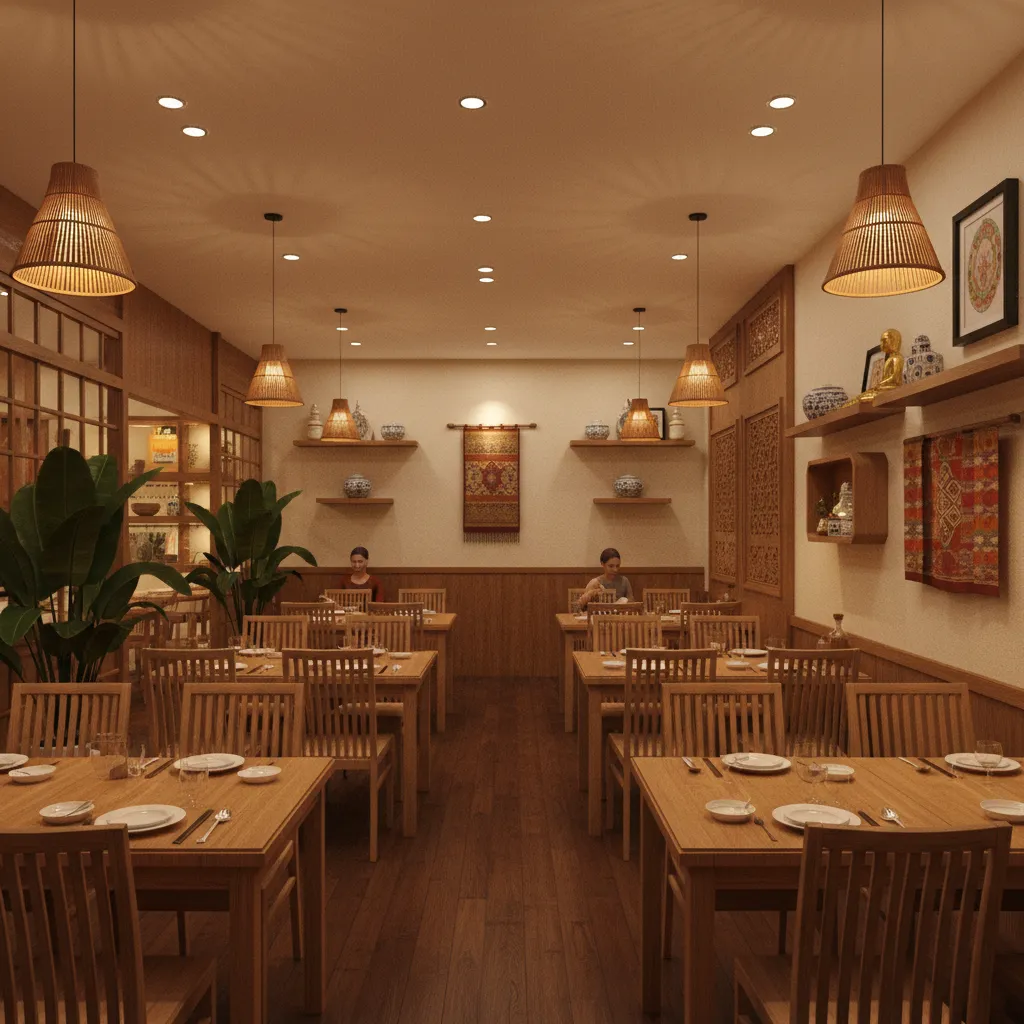 comfortable Thai restaurant dining room with wooden tables and warm lighting