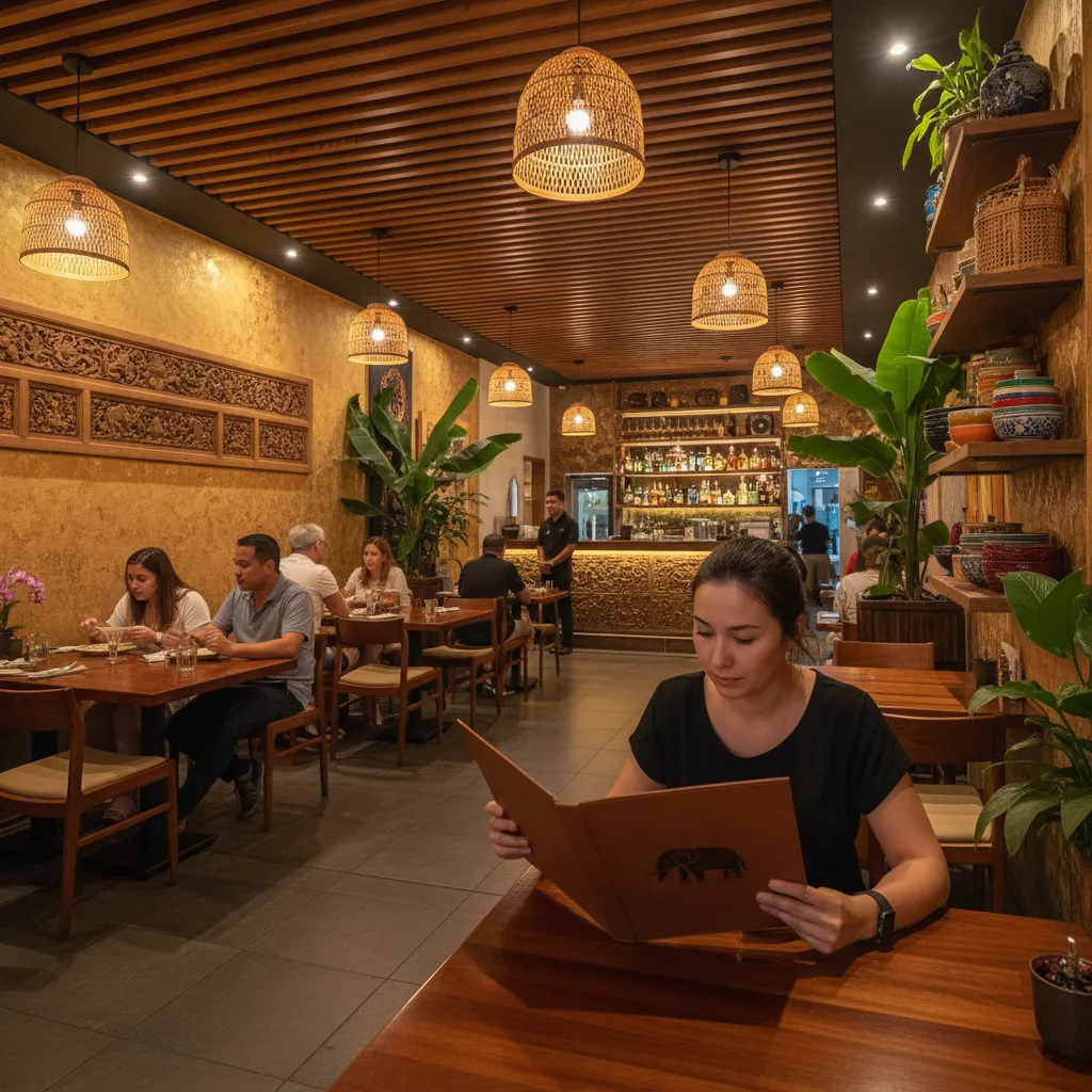 Customer looking at Thai restaurant menu deciding what dish to order