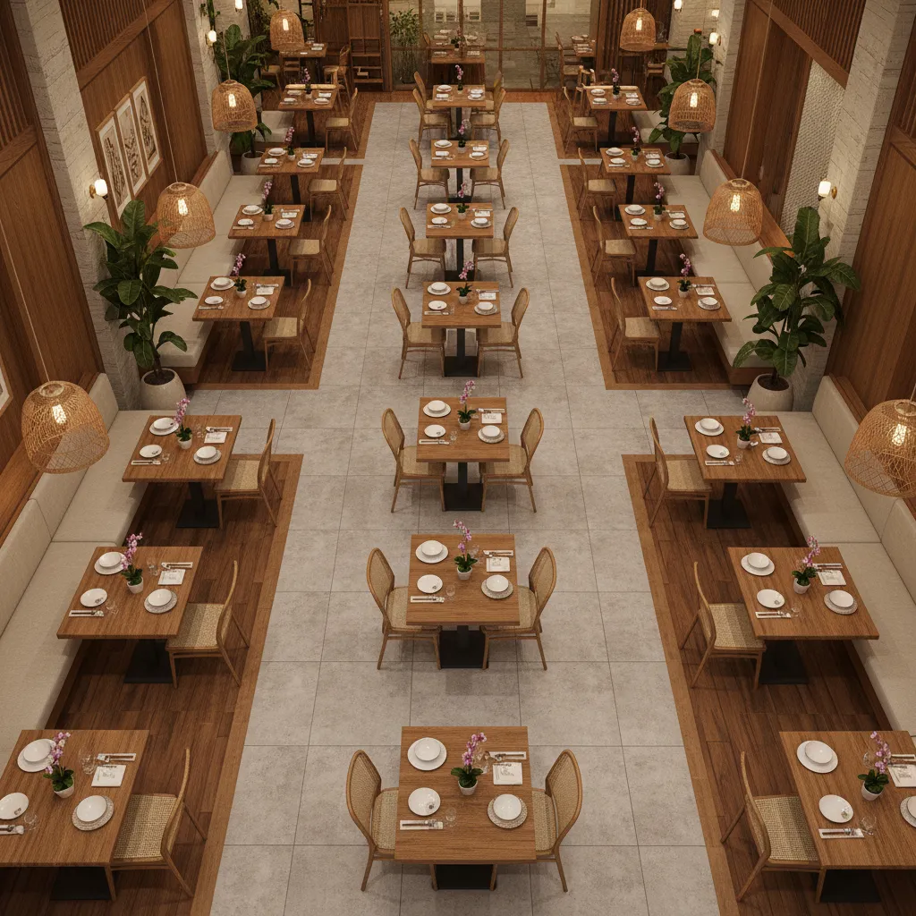 organized Thai restaurant seating layout with tables and walking space