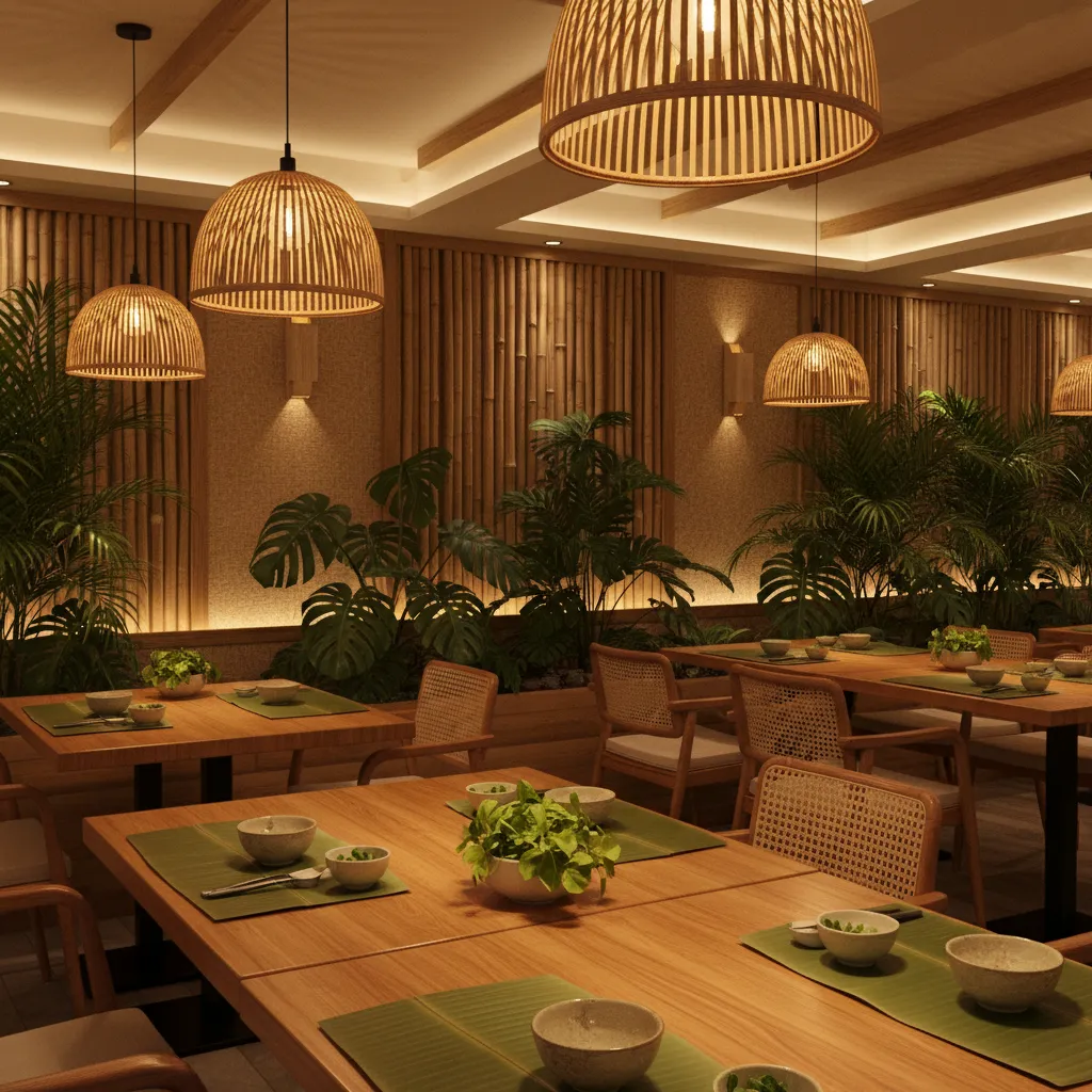 Detail of warm lighting and natural wood materials in a Thai restaurant interior