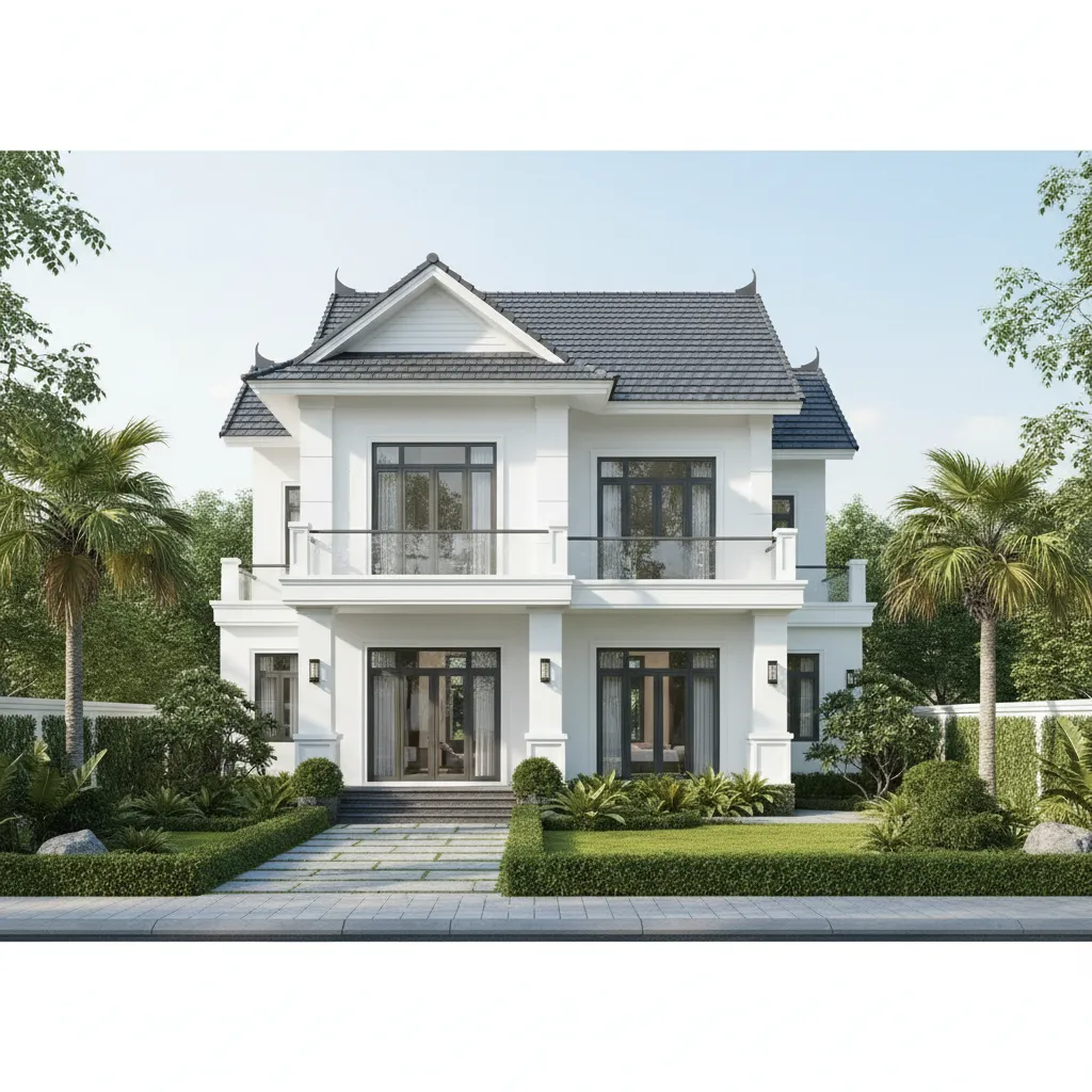 Nhà mái Thái 2 tầng hiện đại với sân vườn phía trước